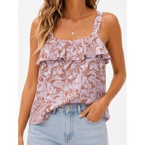 Nine West XL Tropical Palm Print Ruffle Tank Top Pink Brown Summer Resort Boho